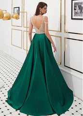 Satin V-neck Green Beading Floor-length A-line Prom Dress