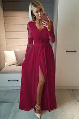 Cheap Black Lace V-neck Long Sleeve Appliques Prom Dress With Slit