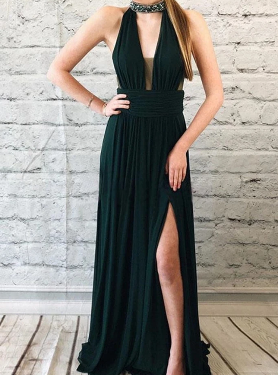 Dark Green Chiffon Beading Halter Pleats Backless Prom Dress
