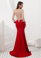Satin Bateau Red Beading Long Sleeves Mermaid Evening Dress