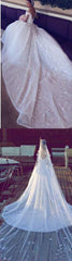 Luxurious Off Shoulder Large Tulle Train Open V-back  Appliques Ball Gown Wedding Dress, WD0135