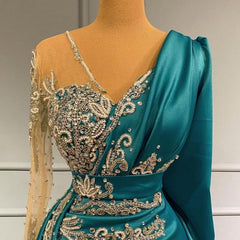 Long Sleeve Sheer Beading Ruched Satin Green Trumpet Mermaid Prom Dress