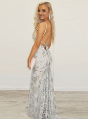 Mermaid Spaghetti Straps Sequined Grey Lace Prom Dress