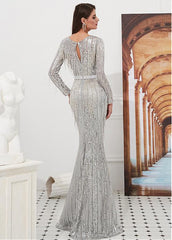 Sequin Lace V-neck Silver Long Mermaid Evening Dress