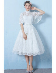 Half Sleeves A Line Tea Length High Neck Lace Wedding Dress With Belt