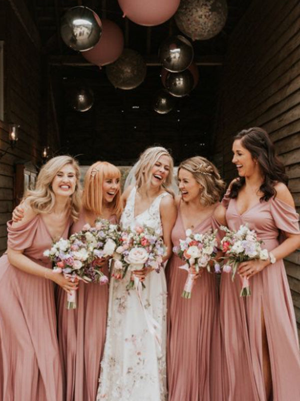 Spaghetti Strap V-neck Side Slit Simple Long Bridesmaid Dresses.DB10829