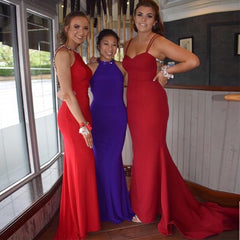 Halter Backless Beading Red Mermaid Satin Sexy Prom Dress