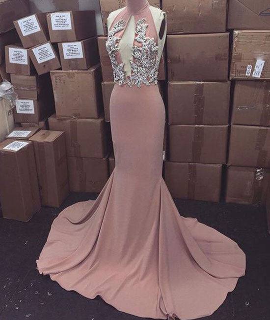 Pink high neck long prom dress for teens, evening dress - RongMoon