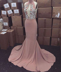Pink high neck long prom dress for teens, evening dress - RongMoon