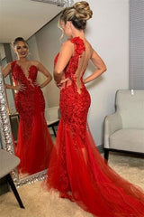 Applique Backless One Shoulder Lace Red Sexy Mermaid Tulle Prom Dresses