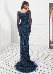 Lace V-neck Long Sleeve Blue Mermaid Evening Dress