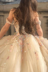 Off The Shoulder Flower Colorful Tulle Romantic Ball Gown Wedding Dress