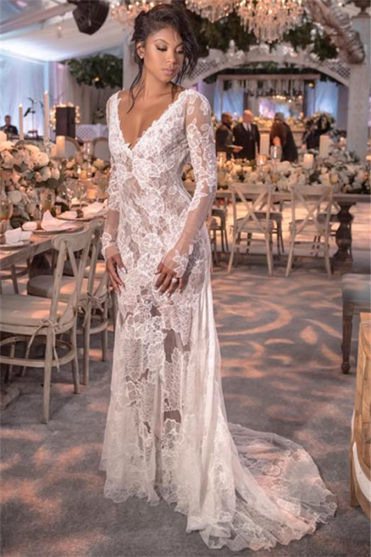 Lace Open Back See Through Long Sleeve V-neck Wedding Dress