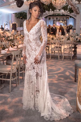 Lace Open Back See Through Long Sleeve V-neck Wedding Dress
