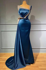 Royal Blue One Shoulder Beading Satin Long Trumpet Mermaid Prom Dress