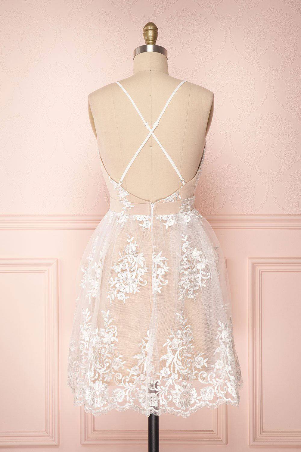 Champagne v neck tulle lace short prom dress champagne tulle bridesmaid dress - RongMoon