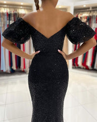 Black Off The Shoulder Sparkle Puffy Sleeve Trumpet Mermaid Formal Dress