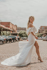 Off the Shoulder Satin Sexy Mermaid Wedding Dress with Slit