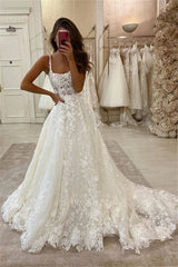 A-line Sweep Train Cheap Lace Appliques Spaghetti Straps Bridal Wedding Dress