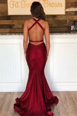V-Neck Satin Backless Burgundy Halter Mermaid Prom Dress