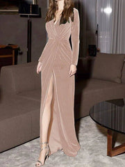 Sheath / Column Minimalist Vintage Wedding Guest Formal Evening Dress V Neck Long Sleeve Floor Length Velvet with Draping Split - RongMoon