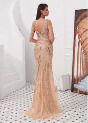 Tulle V-neck Sequin Gold Mermaid Evening Dress