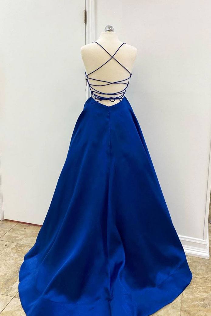 Simple v neck blue satin long prom dress blue evening dress - RongMoon