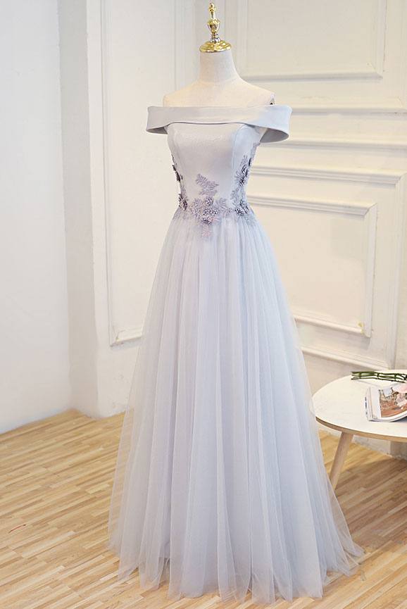 Gray tulle off shoulder lace long prom dress gray tulle formal dress - RongMoon