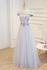 Gray tulle off shoulder lace long prom dress gray tulle formal dress - RongMoon