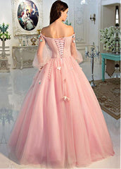 Tulle Off-the-shoulder Pink Long Sleeves Ball Gown Prom Dress With 3D Flowers