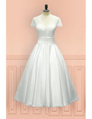 Sheer Back Satin Buttons Tea Length Cap Sleeves Wedding Dress