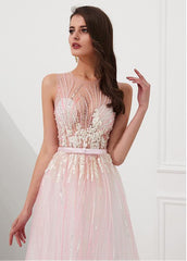 Tulle Jewel Pink A-line Prom Dresses With Beadings