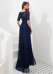 Tulle Bateau Navy Floor-length A-line Evening Dress