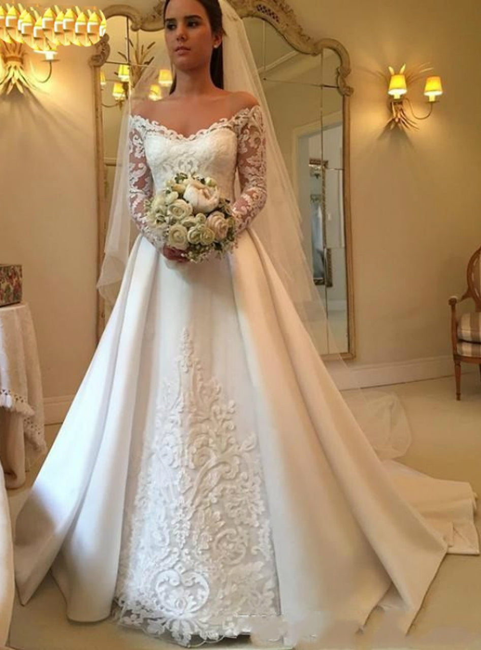 A-Line White Satin Off the Shoulder Long Sleeve Appliques Wedding Dress