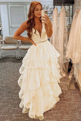 Daffodil V Neck Beading Ruffles A Line Prom Dress
