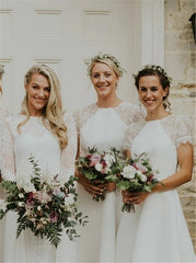 White Satin Lace Hi Lo Short Sleeve Bridesmaid Dress