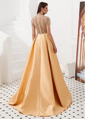 Tulle & Satin High Collar Gold  A-line Prom Dress