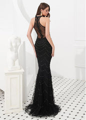 Tulle & Satin Jewel Black Beading Mermaid Evening Dress