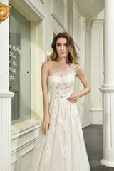 One Shoulder A Line Tulle Appliques Wedding Dress
