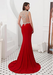 Satin & Tulle V-neck Red Beading Mermaid Evening Dress