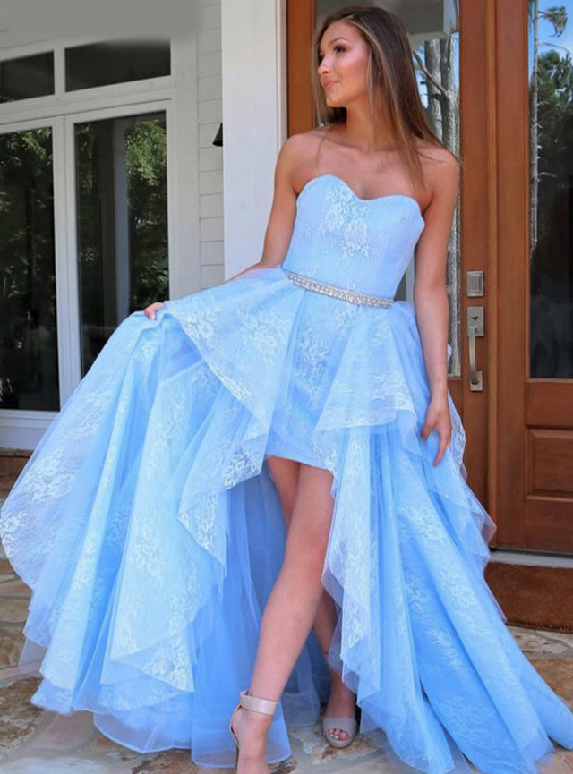 Lace Hi Lo Tulle Beading Light Blue Sweetheart Prom Dress