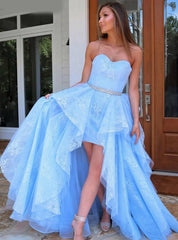 Lace Hi Lo Tulle Beading Light Blue Sweetheart Prom Dress