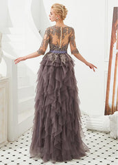 Half Sleeves A-line Lace Appliques Jewel Gray Evening Dress