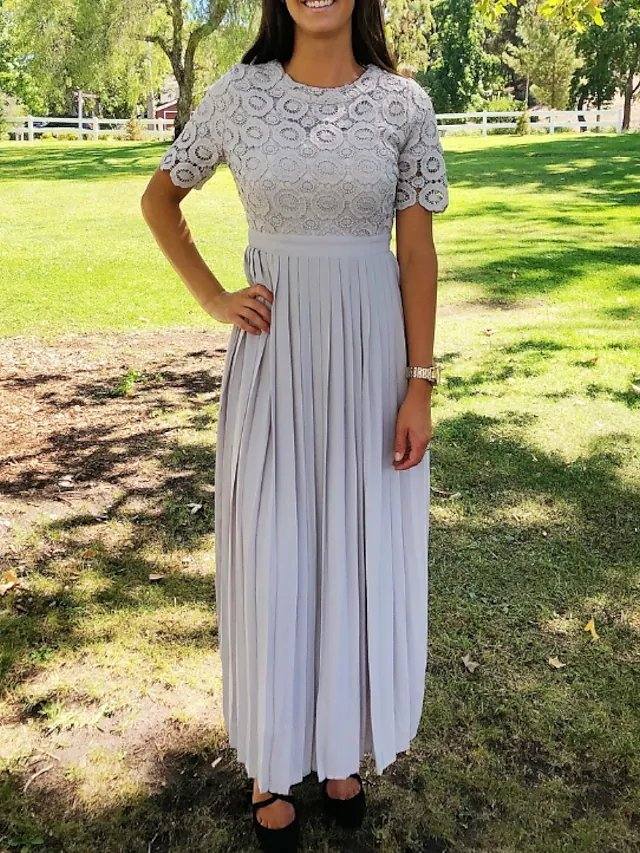 Sheath / Column Mother of the Bride Dress Elegant Jewel Neck Floor Length Chiffon Lace Short Sleeve with Lace Appliques Ruching - RongMoon