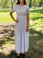 Sheath / Column Mother of the Bride Dress Elegant Jewel Neck Floor Length Chiffon Lace Short Sleeve with Lace Appliques Ruching - RongMoon