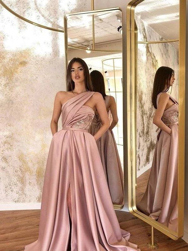 A-Line/Princess Satin Sleeveless Ruched One-Shoulder Sweep/Brush Train Dresses - RongMoon