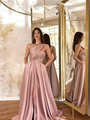 A-Line/Princess Satin Sleeveless Ruched One-Shoulder Sweep/Brush Train Dresses - RongMoon