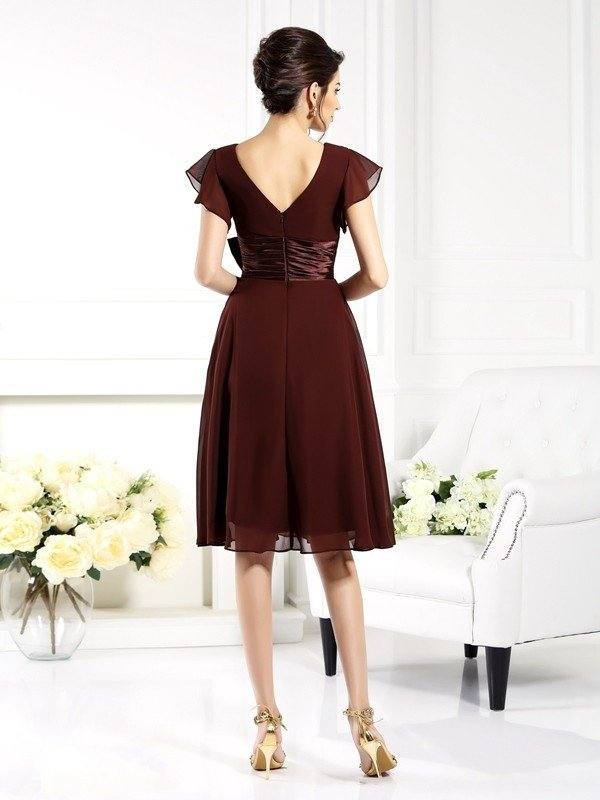 A-Line/Princess V-neck Bowknot Short Sleeves Short Chiffon Mother of the Bride Dresses - RongMoon
