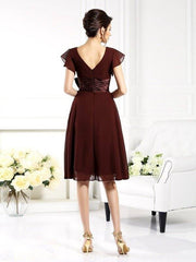 A-Line/Princess V-neck Bowknot Short Sleeves Short Chiffon Mother of the Bride Dresses - RongMoon