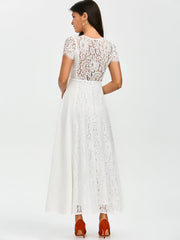 White Front Zippered Lace Panel Maxi Dress